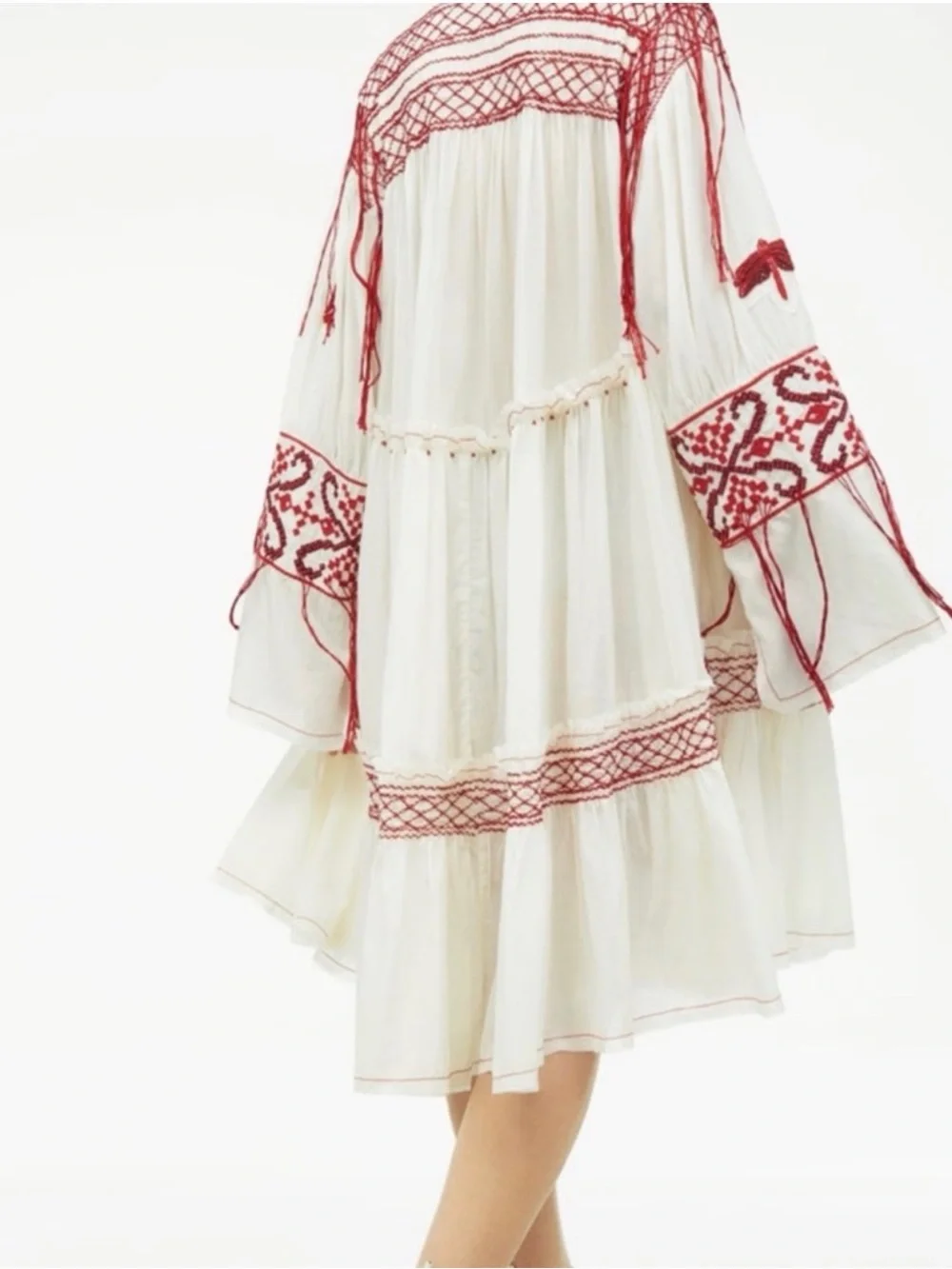 White Midi Dress with Red Embroidery